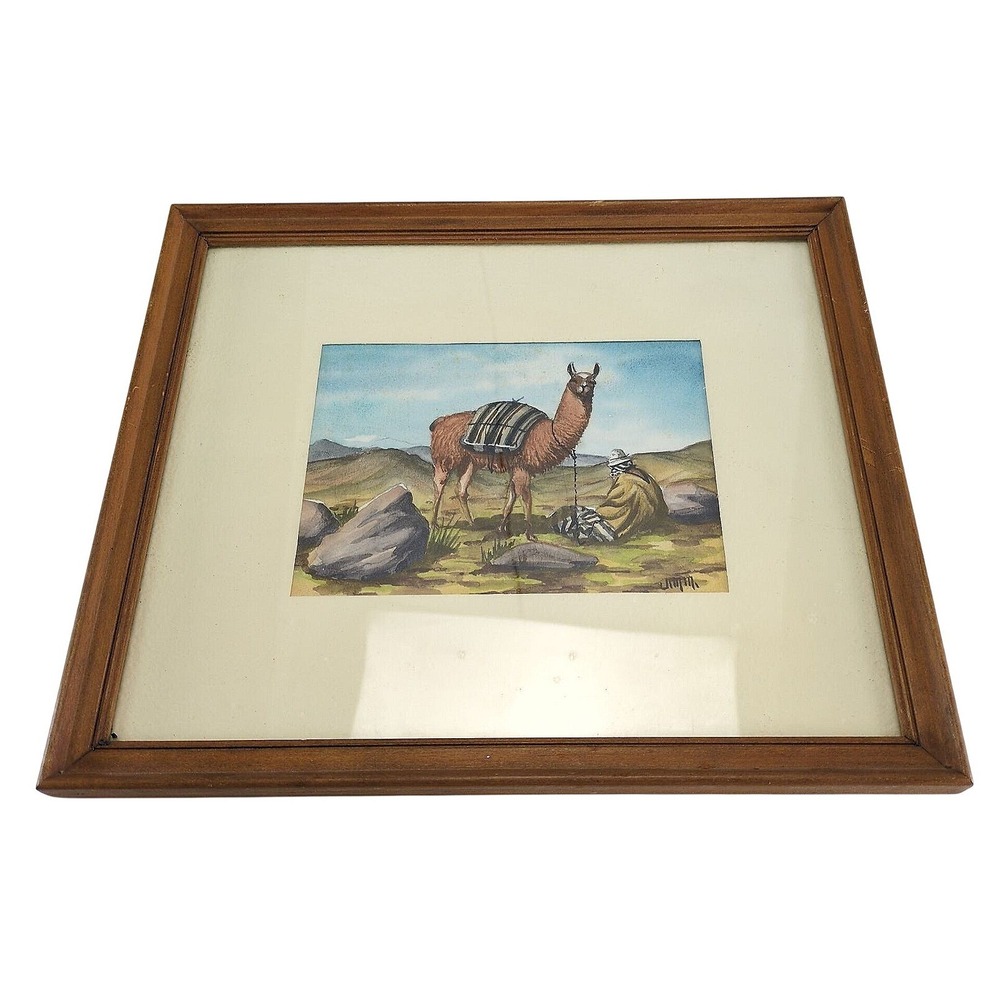 Original Bolivian Watercolor Painting 12x10.5" Wood Frame Signed, Andean Llama